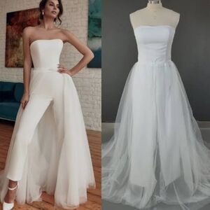 Elegant White Strapless Jumpsuit with Sheer Overlay